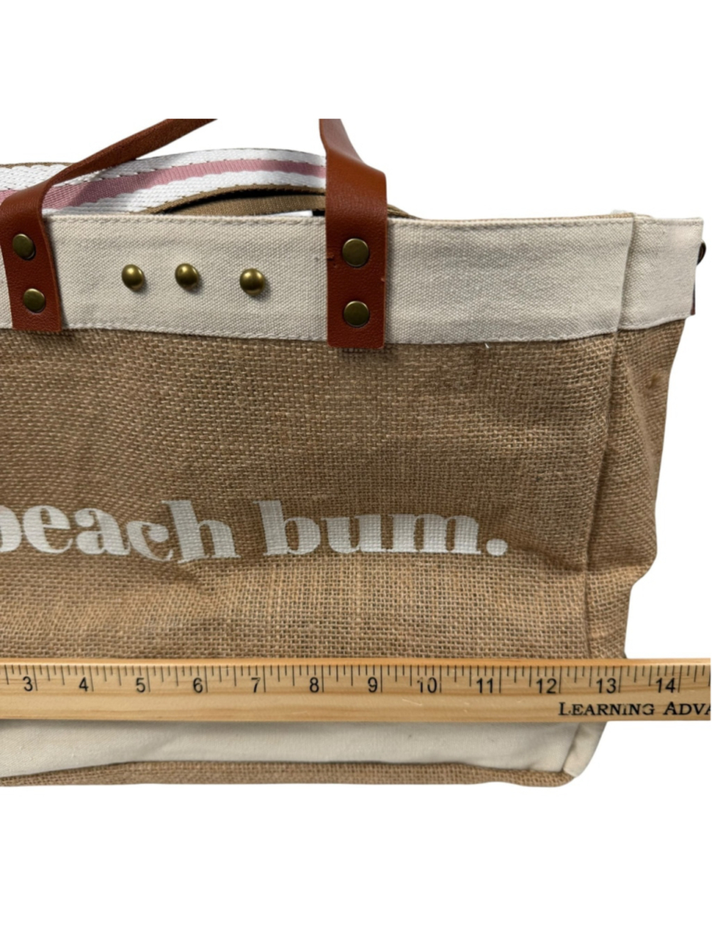 Beach Bum Canvas Jute Tote Bag Beige Brown Striped Strap Casual Travel Women's - Picture 6 of 10